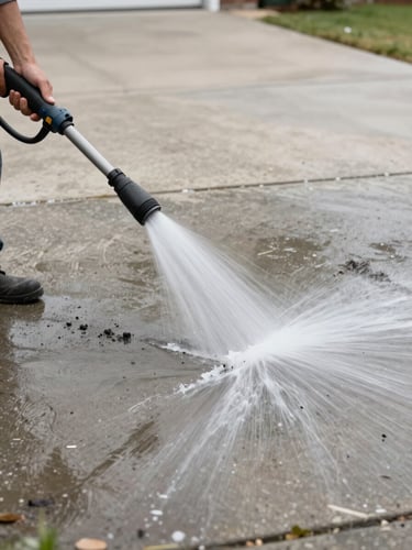 Environmental shot of a pressure washer lance aimed at a concrete driveway, strong water stream lifting embedded grime in a clear line from dirty gray to clean pale stone, overcast daylight, residential setting visible at upper edge