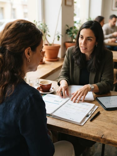 Authentic over-the-shoulder portrait of a Spanish-speaking woman looking at her financial planner on a wooden table, soft morning light, warm clay accents.