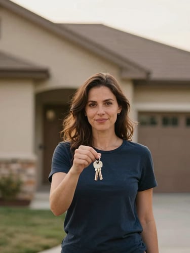 Authentic portrait of a woman standing proudly in front of her new house, holding keys, soft natural afternoon light, warm earth tones, shallow depth of field.