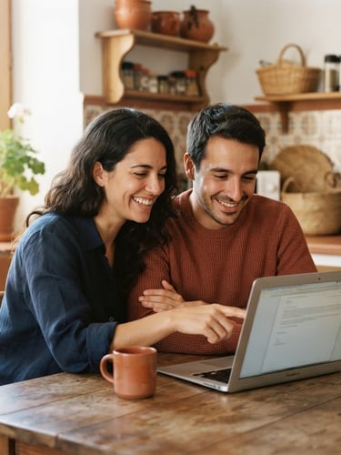 Authentic medium close-up of a Spanish-speaking couple sitting in their sunlit kitchen, looking at a laptop with relief, warm morning light, soft terracotta accents.