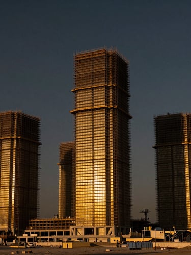 Wide cinematic architectural shot of a massive Saudi infrastructure project under golden hour light, scaffolding rising against a deep dark sky, gold-toned sunset reflections on concrete structures.