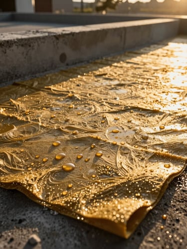Macro close-up of premium textured waterproofing insulation material being applied to a concrete foundation under intense golden sunlight, water droplets repelling off the surface, professional industrial setting