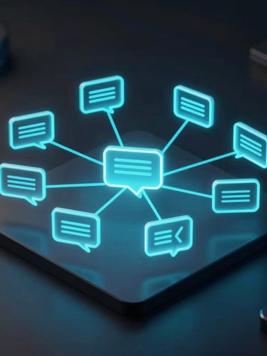 Isometric view of a clean node-based AI conversation builder, self-illuminating cyan connection lines, dark ambient background.