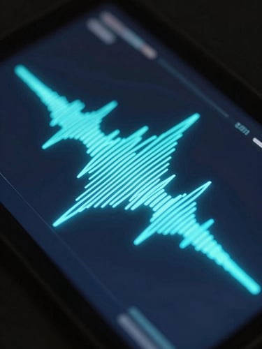 Macro shot of a glowing cyan soundwave interface, dark ambient background, self-illuminating UI elements, sharp details.