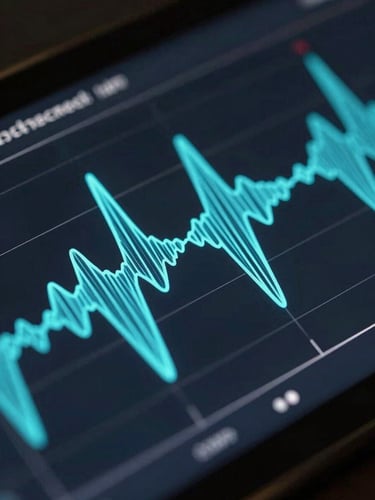 Macro crop of a real-time conversational latency graph, electric cyan audio waves pulsing across a dark obsidian interface, high fidelity, 3D soundwave physics.
