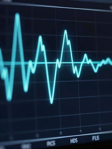 Macro crop of a real-time voice latency graph, glowing electric cyan waves on a deep obsidian background, sharp UI elements.