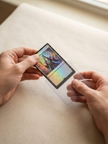 Top-down clean product photography of hands carefully placing a holographic trading card into a protective sleeve, soft natural daylight, warm neutral parchment background