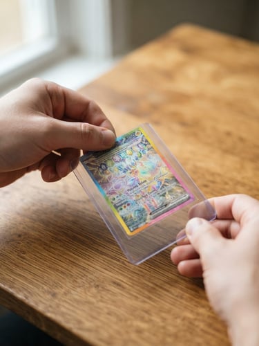 Hands carefully placing a holographic trading card into a clear protective sleeve, soft daylight, warm wooden tabletop background