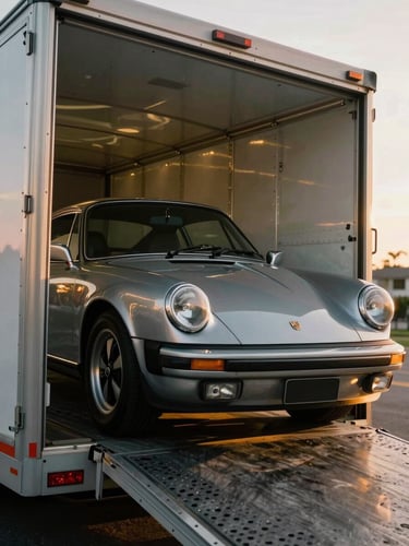Low-angle dramatic portrait of a pristine classic Porsche being meticulously loaded into a modern climate-controlled enclosed trailer, warm golden hour light reflecting off the metallic paint, shallow depth of field, 35mm photography