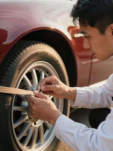 A professional driver in a clean uniform carefully examining and securing the wheel of a classic car with a soft-tie strap, close-up shot