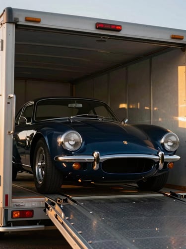 Low-angle dramatic shot of a vintage classic sports car being carefully loaded into a pristine, climate-controlled enclosed trailer at golden hour, shallow depth of field