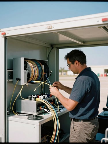 A professional technician inside a specialized fiber splicing trailer testing fiber optic cables under bright Texas daylight, sharp industrial photography, 35mm