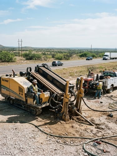 A heavy horizontal directional drilling rig operating on a wide Texas roadside under bright daylight, sharp industrial photography, 35mm wide-angle lens