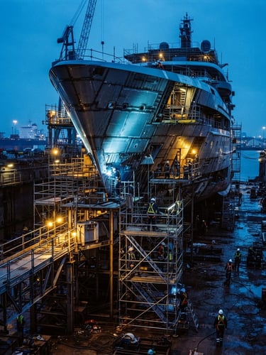 Cinematic industrial photography of a massive luxury superyacht hull under construction in a drydock, dramatic cool blue twilight lighting with sharp safety yellow warning lights, 35mm lens