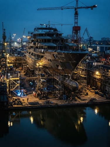 Cinematic industrial shipyard at twilight, massive luxury yacht hull under construction, sharp yellow warning lights reflecting on dark water, 35mm lens