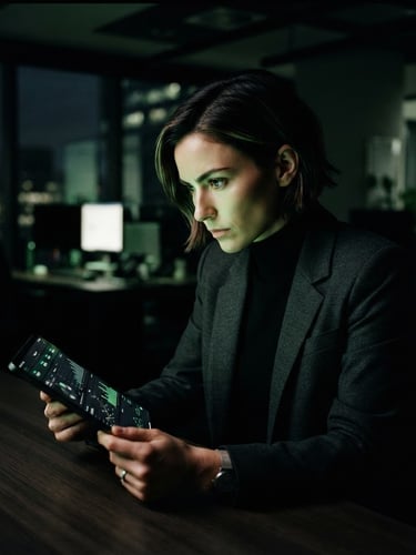 A sharp, high-contrast portrait of a modern sales professional looking intently at a tablet screen. Low-key dramatic lighting with a subtle neon green glow reflecting on their face, dark office background, 35mm.