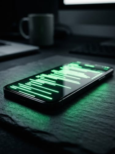 Tight macro shot of a modern smartphone displaying a clean, high-contrast sales script with neon green highlight lines, resting on a dark slate desk, dramatic side lighting, 35mm
