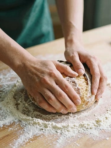 A close-up of hands kneading sourdough on a flour-dusted wooden table, soft natural side light, warm editorial style, 35mm film look.