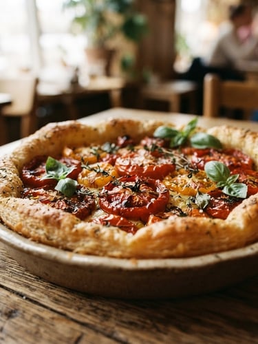 Candid close-up of a rustic wooden table in a Scandinavian-style restaurant, soft natural daylight illuminating a freshly baked heirloom tomato tart with rich crimson tones and flaky crust, shallow depth of field, 35mm film look.