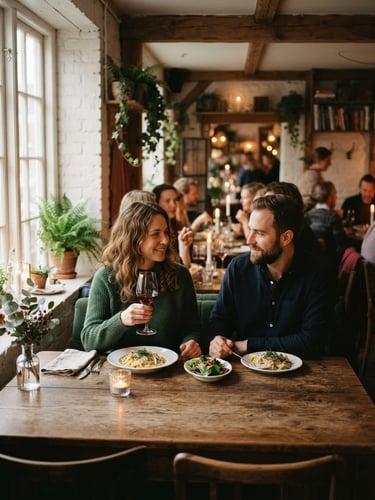Cozy Scandinavian-style restaurant interior, warm ambient light, soft natural daylight filtering through a window, rustic wooden tables, shallow depth of field, 35mm film look.