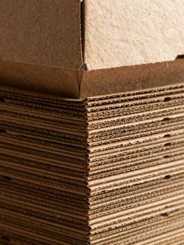 Macro detail shot of a stack of thick kraft paper takeaway boxes, natural side-lighting emphasizing the fibrous texture, warm canvas tones, 35mm
