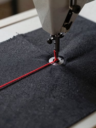 Macro close-up of thick red thread piercing heavy-duty charcoal canvas on an industrial sewing machine, high side-lighting emphasizing fabric texture