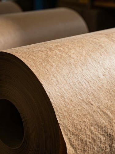 Close-up of industrial rolls of raw brown kraft paper in a warehouse, high-contrast side-lighting, deep shadows, tactile industrial photography