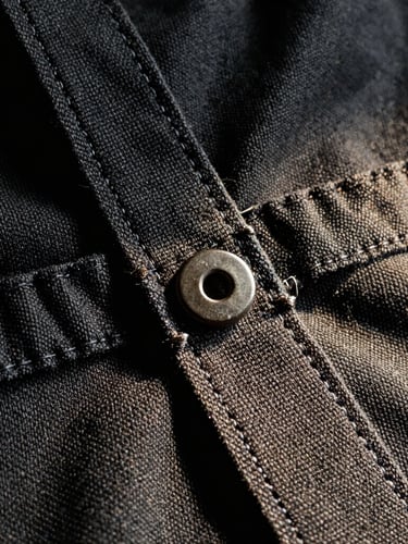 Macro detail shot of heavy-duty double-stitching on a dark canvas utility apron, high-contrast side-lighting casting deep shadows, rich charcoal and warm canvas tones, sharp detail, 35mm