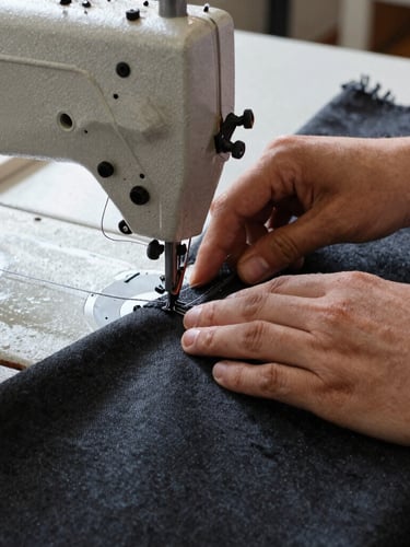 Medium environmental workshop shot of hands operating an industrial sewing machine, stitching thick dark canvas fabric with heavy-duty thread, natural side-lighting, tactile setting, 35mm