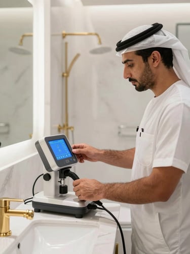 A sharp, medium technical shot of an immaculate, uniformed technician operating an advanced digital leak detection system inside a brightly lit, modern Dubai villa bathroom, highlighting clean brass fixtures.