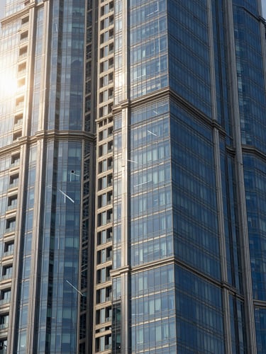 High-angle sharp architectural photograph of a modern glass skyscraper in Dubai, bright morning sun reflecting off the facade, clean lines, technical blueprint overlay faintly visible, architectural precision, regal navy tones