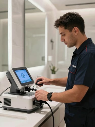 An immaculate, uniformed technician operating advanced digital leak detection equipment inside a brightly lit, modern Dubai villa bathroom.