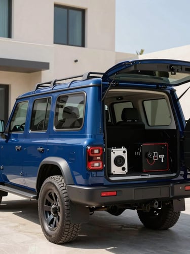 An immaculate royal navy blue service vehicle parked outside a modern Dubai villa under bright sunlight, technical tools visible in the organized rear cabin.