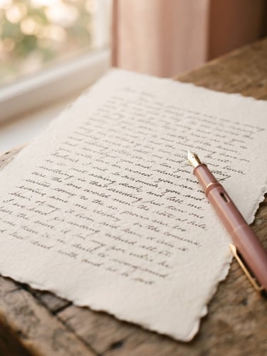 A close-up of a handwritten letter on textured cream paper, soft golden-hour window light, a dusty rose pen resting beside it, shallow depth of field