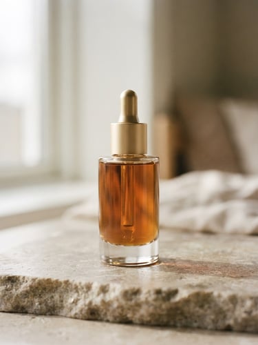 Minimalist beauty product bottle of XN Beauty serum on a warm gray-beige stone surface, soft diffused window light, elegant shadows, 35mm photography