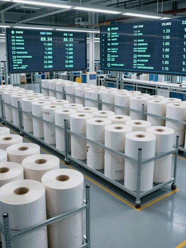 A wide-angle view of an automated logistics facility, clean modern storage racks with paper rolls, cool crisp daylight, technical data overlay