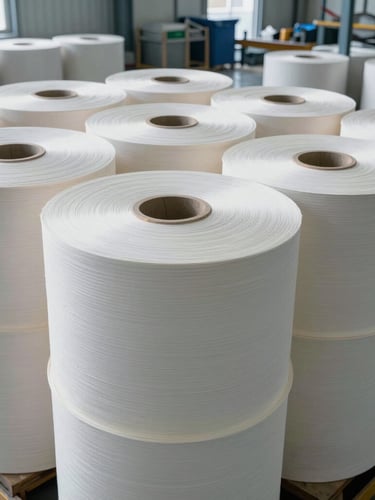 High-angle macro view of massive industrial paper reels stacked in a clean, modern, automated warehouse with cool daylight, crisp details.