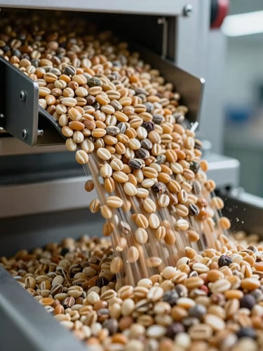 Macro close-up of high-quality raw grain commodities flowing through a modern automated sorting facility, cool crisp lighting.