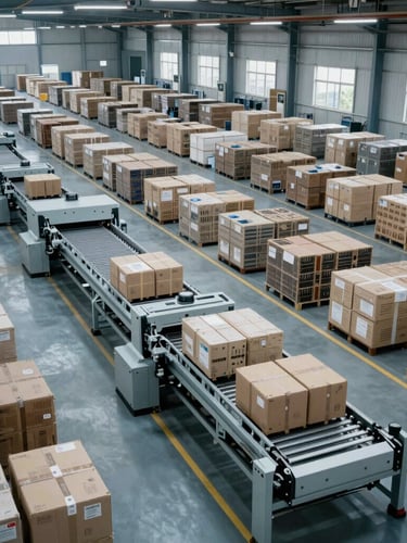 Wide-angle industrial logistics facility with automated sorting systems and cool, crisp daylight illuminating organized rows of cargo.