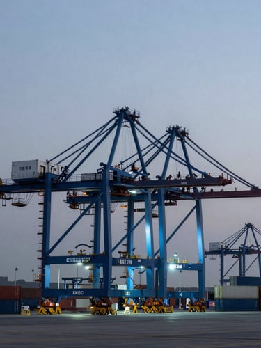Wide-angle view of automated container terminal at dusk, cool blue and cyan lighting, clean crane silhouettes against a slate gray sky.