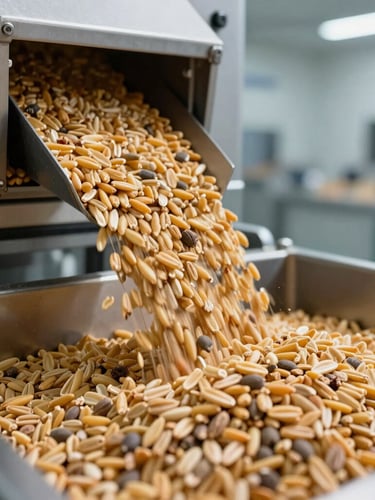 Macro close-up of raw agricultural bulk grains flowing through a modern, clean automated sorting facility, cool crisp clinical lighting, high technical precision.