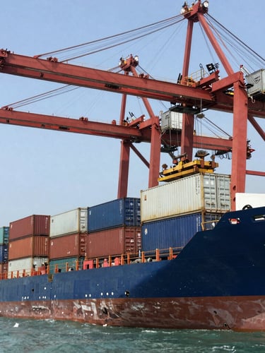 Wide-angle architectural shot of the Port Autonome de Dakar, towering modern blue shipping cranes under crisp overcast maritime light, clean geometric lines of stacked containers, negative space on the left.