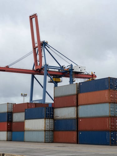 Crisp overcast maritime daylight shot of cargo containers stacked at the Port of Dakar, industrial crane in the background