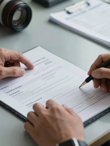 Close-up macro shot of professional hands reviewing official shipping documents and customs manifests on a slate table, cool overcast light