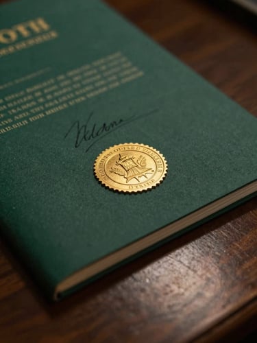 Dramatic low-key interior lighting reflecting off polished dark wood, close-up of a signed state document with a gold-embossed seal, editorial corporate photography.
