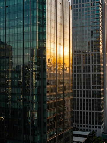 High-altitude architectural view of Jakarta's Sudirman central business district at golden hour, warm window light reflecting off modern glass towers, 35mm lens.