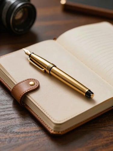 Close-up of a high-quality leather notebook, an elegant gold fountain pen resting on its open pages, dark oak executive desk background, warm natural side-light.