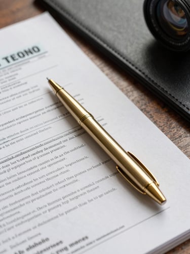 Close-up of structured corporate tax documents and a gold pen resting on a dark leather desk blotter, soft warm side lighting.