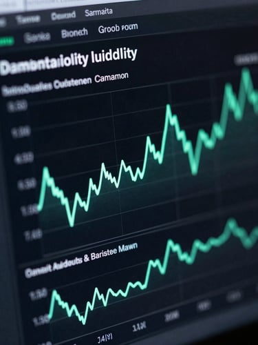 Macro close-up of a dark terminal interface showing real-time outbound campaign metrics and domain liquidity flow charts, neon-cyan highlights.