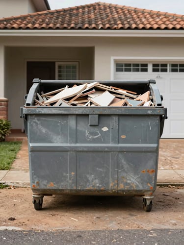Wide environmental shot, a compact 3 m³ steel dumpster bin filled with broken tiles and renovation rubble, placed on a residential driveway next to a modest house in Rio Grande do Sul, daylight flat lighting, documentary style showing dirt and wear on the bin's painted surface, straight-on framing with the house facade visible in the background